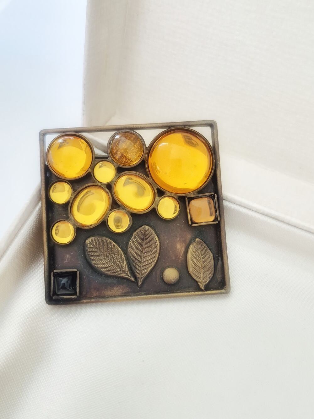 Vintage Yellow Carbochans Floral Copper Artisan Brooch